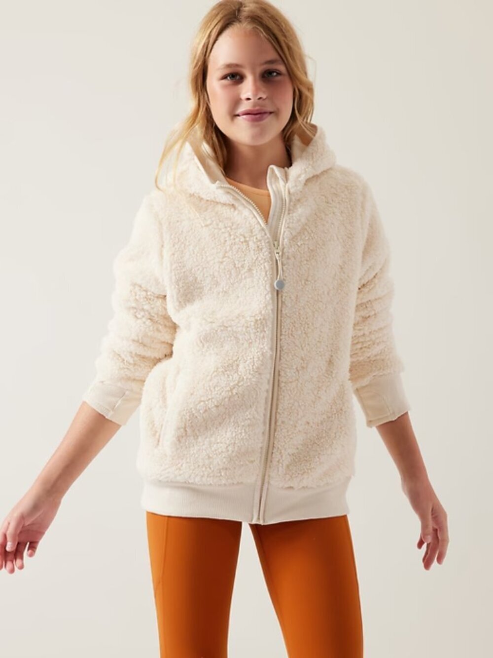 Girls' ATHLETA GIRL So Snug Ivory Sherpa Fleece Full Zip Hoodie, Size S/7